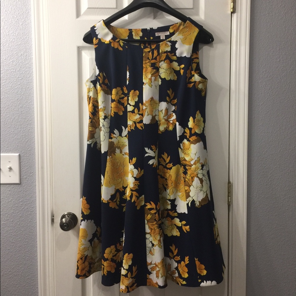 Dress Barn Navy blue dress in gold floral print